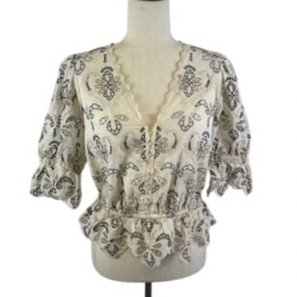 Anthropologie‎ Embroidered Blouse Ivory Floral Peplum V Neck Size Small